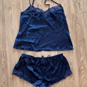 Elegant Navy Blue Lace Trim Sleepwear Set
